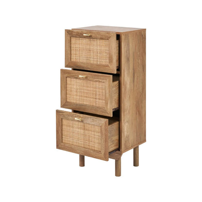 Natural Rattan 3 Drawer Wooden Chest of Drawers with Wood Veneer – Slim Tallboy Storage Unit with Raised Legs 98x43x33cm – Natural Wood Bedroom Storage Cabinet with Woven Rattan Drawer Fronts, Brass Handles and Scandi Style Design | Click Style
