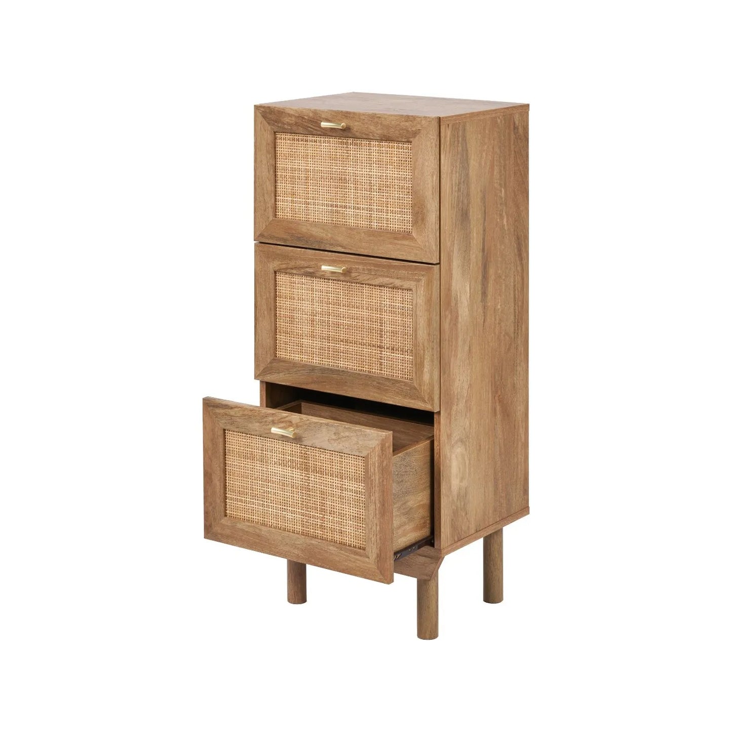 Natural Rattan 3 Drawer Wooden Chest of Drawers with Wood Veneer – Slim Tallboy Storage Unit with Raised Legs 98x43x33cm – Natural Wood Bedroom Storage Cabinet with Woven Rattan Drawer Fronts, Brass Handles and Scandi Style Design | Click Style