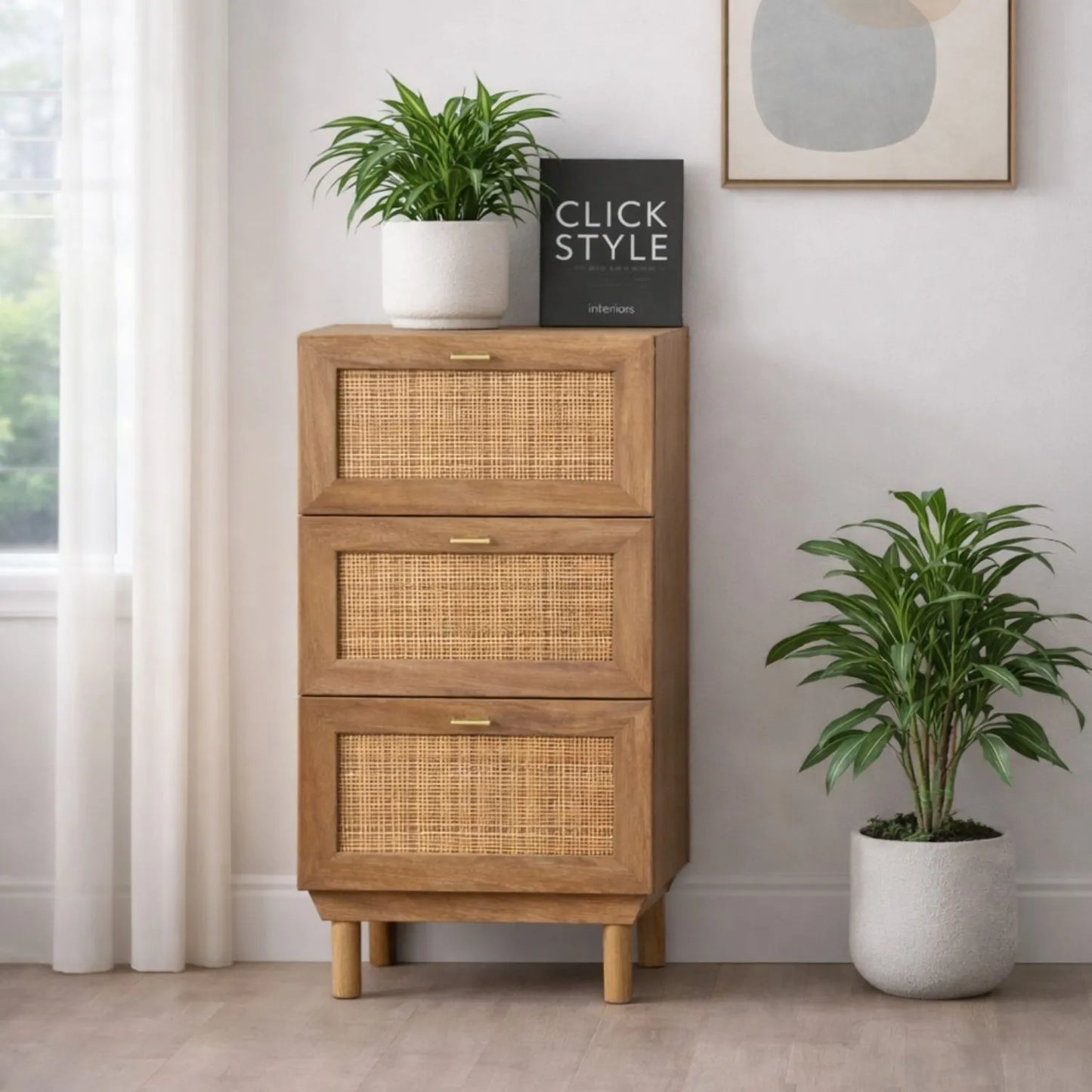 Natural Rattan 3 Drawer Wooden Chest of Drawers with Wood Veneer – Slim Tallboy Storage Unit with Raised Legs 98x43x33cm – Natural Wood Bedroom Storage Cabinet with Woven Rattan Drawer Fronts, Brass Handles and Scandi Style Design | Click Style