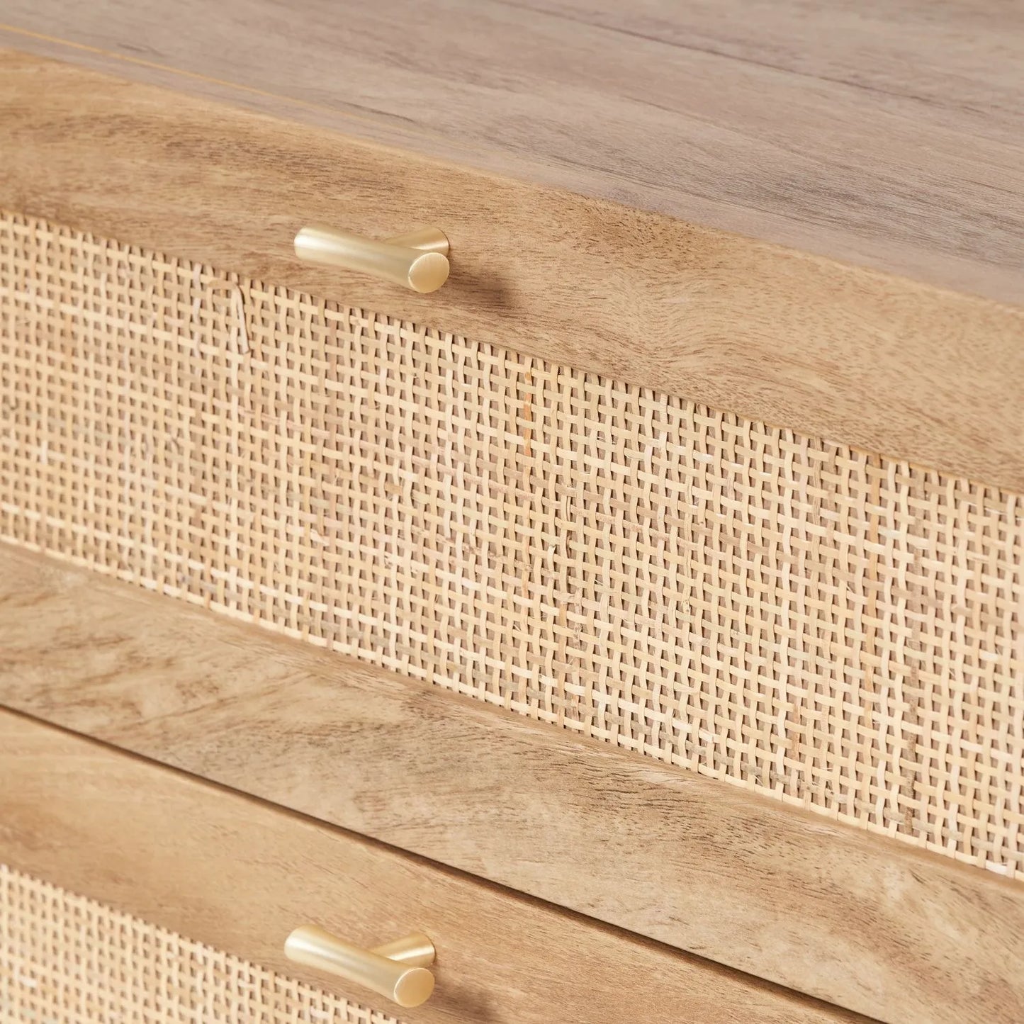 Natural Rattan 6 Drawer Wooden Chest of Drawers with Wood Veneer – Storage Unit with Raised Legs 80x120x39cm – Natural Oak Finish, Brass Handles, Cane Rattan Drawer Fronts, Bedroom Living Room Storage | Click Style