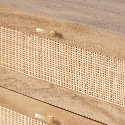 Natural Rattan 6 Drawer Wooden Chest of Drawers with Wood Veneer – Storage Unit with Raised Legs 80x120x39cm – Natural Oak Finish, Brass Handles, Cane Rattan Drawer Fronts, Bedroom Living Room Storage | Click Style