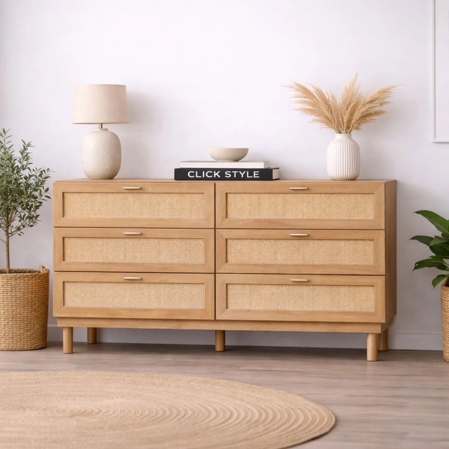 Natural Rattan 6 Drawer Wooden Chest of Drawers with Wood Veneer – Storage Unit with Raised Legs 80x120x39cm – Natural Oak Finish, Brass Handles, Cane Rattan Drawer Fronts, Bedroom Living Room Storage | Click Style