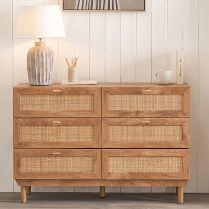 Natural Rattan 6 Drawer Wooden Chest of Drawers with Wood Veneer – Storage Unit with Raised Legs 80x120x39cm – Natural Oak Finish, Brass Handles, Cane Rattan Drawer Fronts, Bedroom Living Room Storage | Click Style