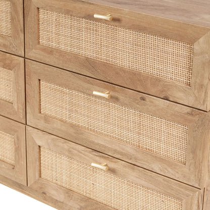 Natural Rattan 6 Drawer Wooden Chest of Drawers with Wood Veneer – Storage Unit with Raised Legs 80x120x39cm – Natural Oak Finish, Brass Handles, Cane Rattan Drawer Fronts, Bedroom Living Room Storage | Click Style