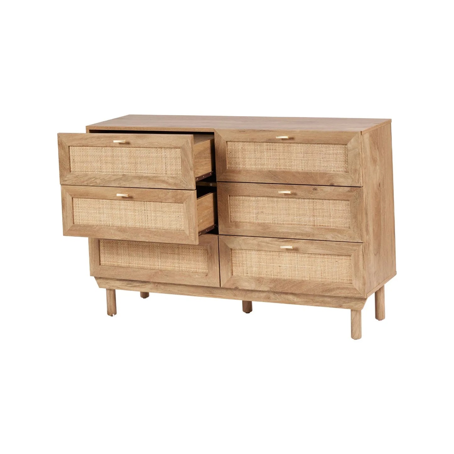 Natural Rattan 6 Drawer Wooden Chest of Drawers with Wood Veneer – Storage Unit with Raised Legs 80x120x39cm – Natural Oak Finish, Brass Handles, Cane Rattan Drawer Fronts, Bedroom Living Room Storage | Click Style
