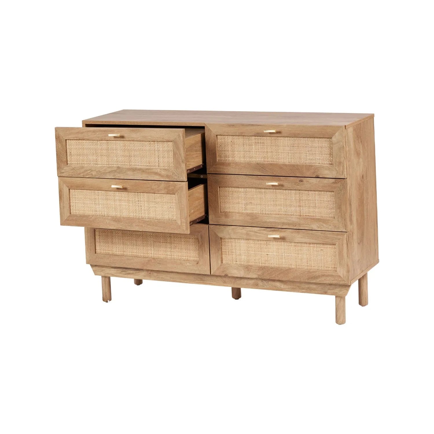Natural Rattan 6 Drawer Wooden Chest of Drawers with Wood Veneer – Storage Unit with Raised Legs 80x120x39cm – Natural Oak Finish, Brass Handles, Cane Rattan Drawer Fronts, Bedroom Living Room Storage | Click Style