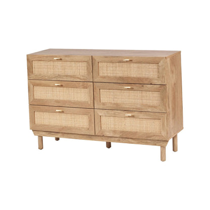 Natural Rattan 6 Drawer Wooden Chest of Drawers with Wood Veneer – Storage Unit with Raised Legs 80x120x39cm – Natural Oak Finish, Brass Handles, Cane Rattan Drawer Fronts, Bedroom Living Room Storage | Click Style