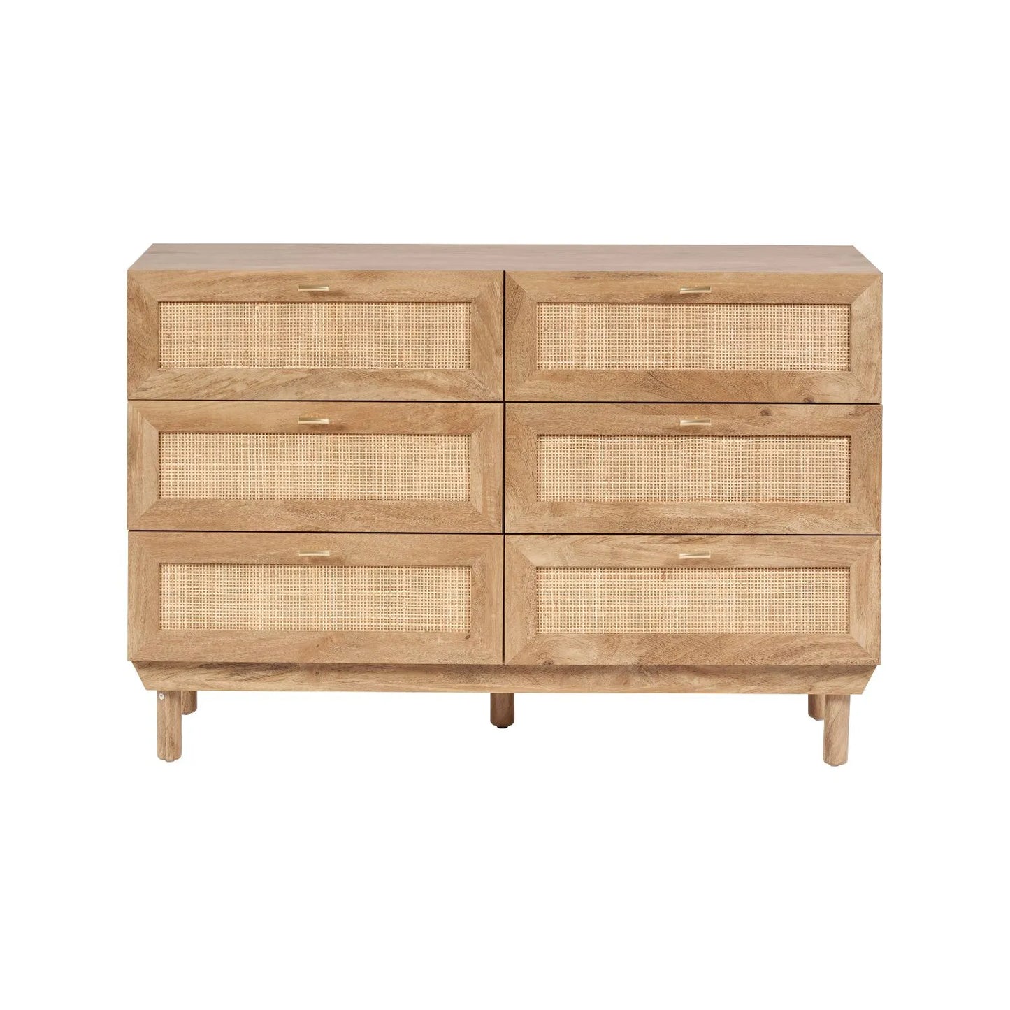 Natural Rattan 6 Drawer Wooden Chest of Drawers with Wood Veneer – Storage Unit with Raised Legs 80x120x39cm – Natural Oak Finish, Brass Handles, Cane Rattan Drawer Fronts, Bedroom Living Room Storage | Click Style