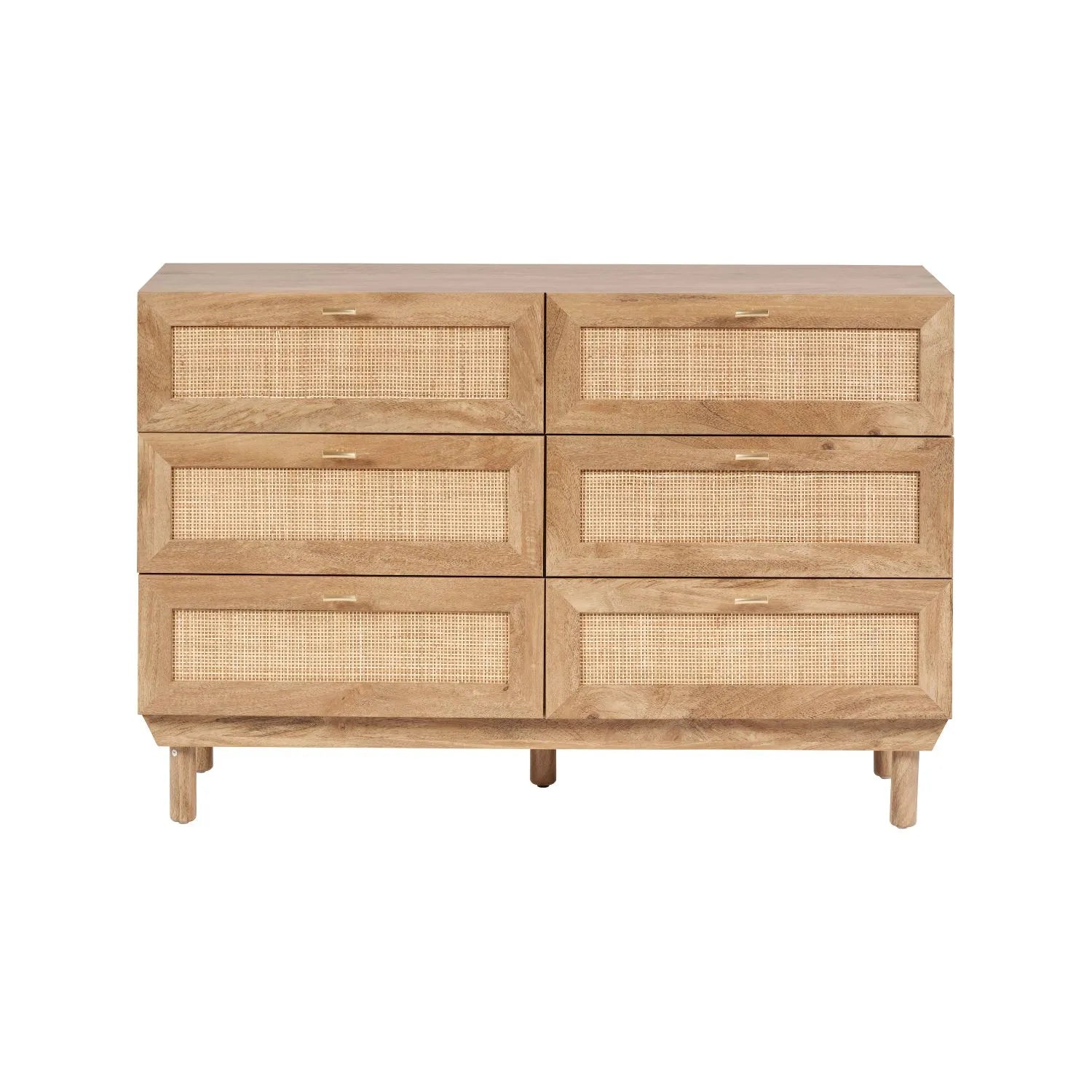 Natural Rattan 6 Drawer Wooden Chest of Drawers with Wood Veneer – Storage Unit with Raised Legs 80x120x39cm – Natural Oak Finish, Brass Handles, Cane Rattan Drawer Fronts, Bedroom Living Room Storage | Click Style