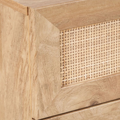 Natural Rattan 6 Drawer Wooden Chest of Drawers with Wood Veneer – Storage Unit with Raised Legs 80x120x39cm – Natural Oak Finish, Brass Handles, Cane Rattan Drawer Fronts, Bedroom Living Room Storage | Click Style