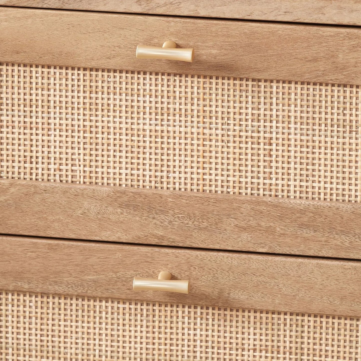 Natural Rattan 6 Drawer Wooden Chest of Drawers with Wood Veneer – Storage Unit with Raised Legs 80x120x39cm – Natural Oak Finish, Brass Handles, Cane Rattan Drawer Fronts, Bedroom Living Room Storage | Click Style