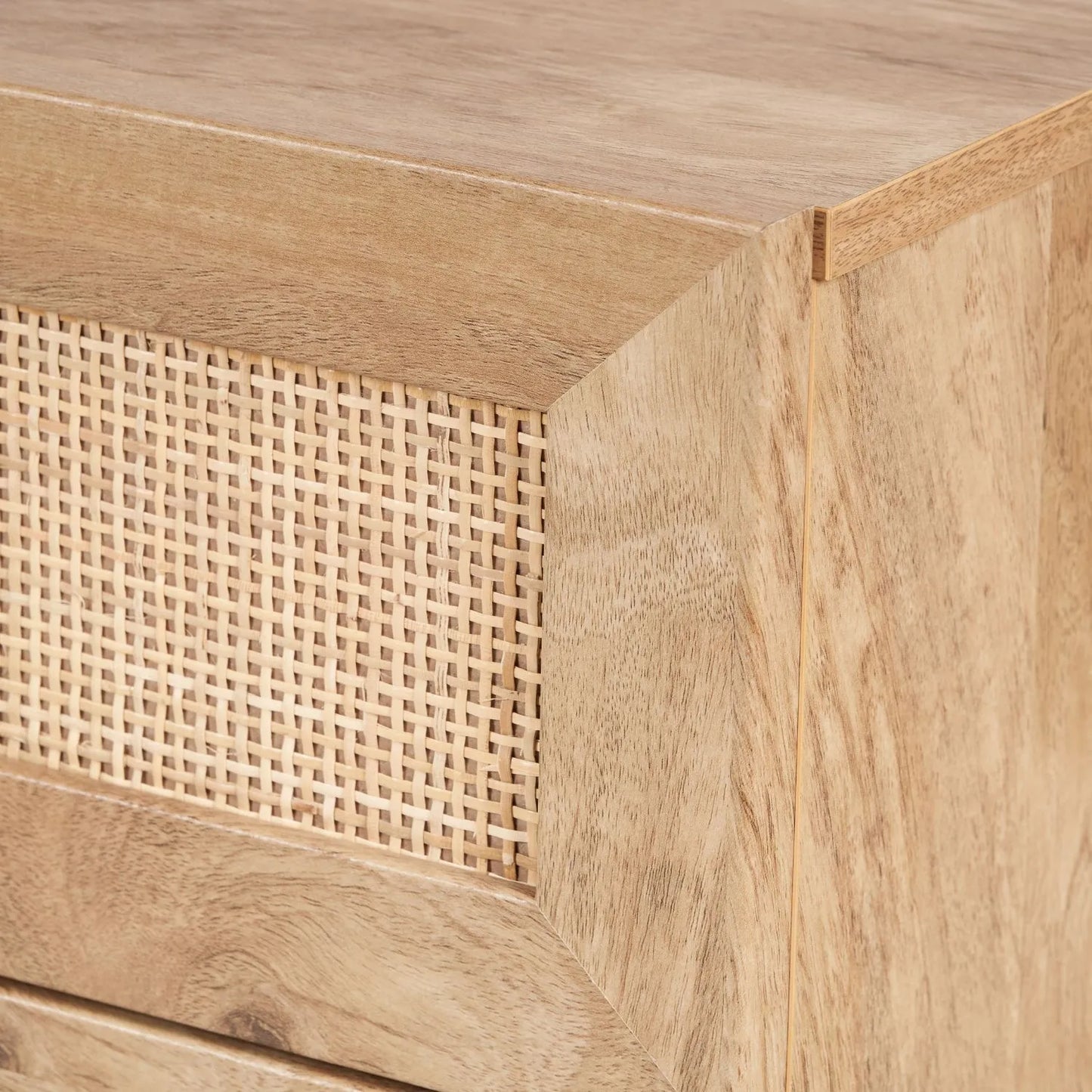 Natural Rattan 6 Drawer Wooden Chest of Drawers with Wood Veneer – Storage Unit with Raised Legs 80x120x39cm – Natural Oak Finish, Brass Handles, Cane Rattan Drawer Fronts, Bedroom Living Room Storage | Click Style