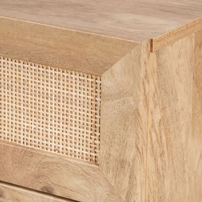 Natural Rattan 6 Drawer Wooden Chest of Drawers with Wood Veneer – Storage Unit with Raised Legs 80x120x39cm – Natural Oak Finish, Brass Handles, Cane Rattan Drawer Fronts, Bedroom Living Room Storage | Click Style