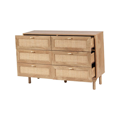 Natural Rattan 6 Drawer Wooden Chest of Drawers with Wood Veneer – Storage Unit with Raised Legs 80x120x39cm – Natural Oak Finish, Brass Handles, Cane Rattan Drawer Fronts, Bedroom Living Room Storage | Click Style