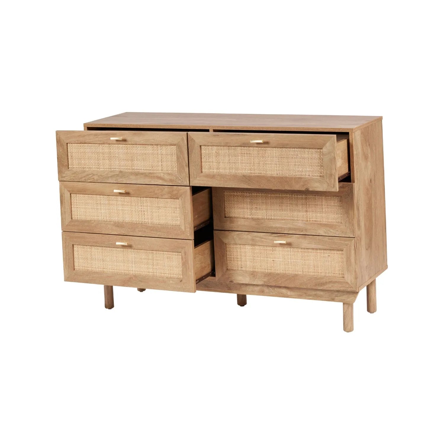 Natural Rattan 6 Drawer Wooden Chest of Drawers with Wood Veneer – Storage Unit with Raised Legs 80x120x39cm – Natural Oak Finish, Brass Handles, Cane Rattan Drawer Fronts, Bedroom Living Room Storage | Click Style