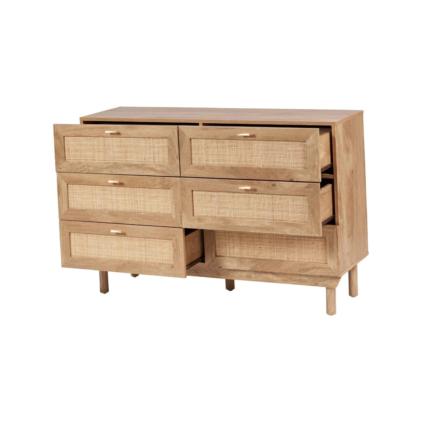 Natural Rattan 6 Drawer Wooden Chest of Drawers with Wood Veneer – Storage Unit with Raised Legs 80x120x39cm – Natural Oak Finish, Brass Handles, Cane Rattan Drawer Fronts, Bedroom Living Room Storage | Click Style