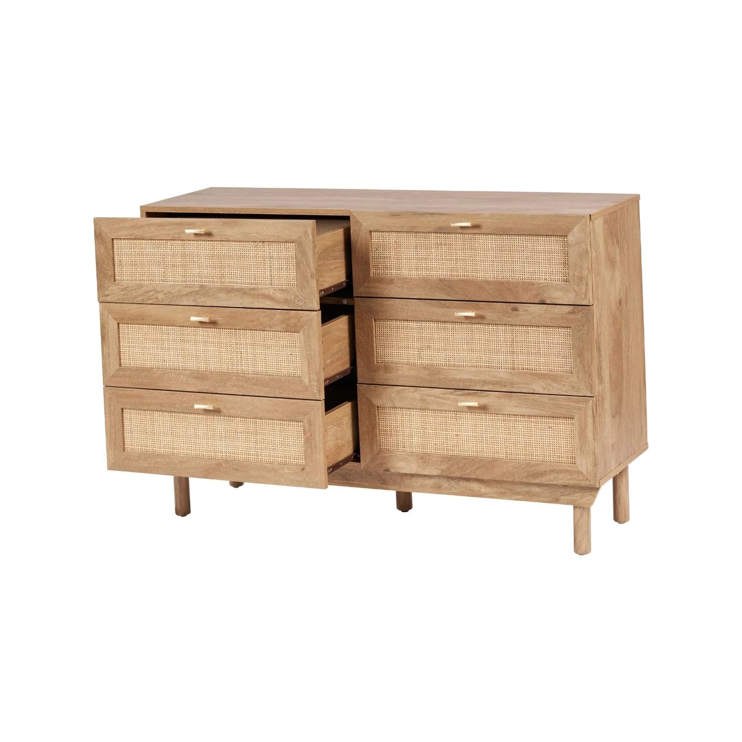 Natural Rattan 6 Drawer Wooden Chest of Drawers with Wood Veneer – Storage Unit with Raised Legs 80x120x39cm – Natural Oak Finish, Brass Handles, Cane Rattan Drawer Fronts, Bedroom Living Room Storage | Click Style