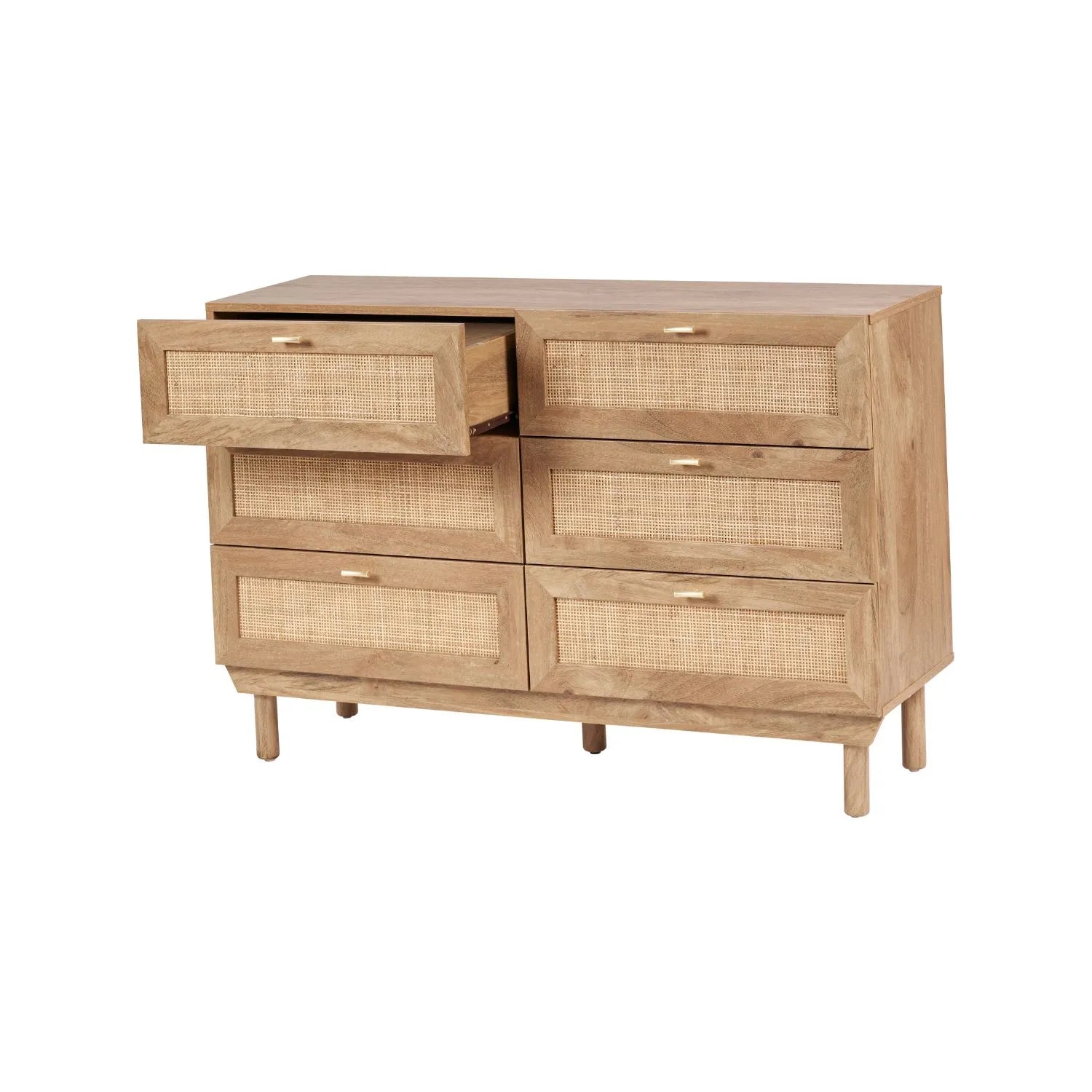 Natural Rattan 6 Drawer Wooden Chest of Drawers with Wood Veneer – Storage Unit with Raised Legs 80x120x39cm – Natural Oak Finish, Brass Handles, Cane Rattan Drawer Fronts, Bedroom Living Room Storage | Click Style