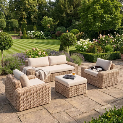 Natural Rattan Effect 4 Seater Garden Sofa Set with 2 Seater Sofa 2 Armchairs Footstool Coffee Table & Deep Beige Cushions | Click Style