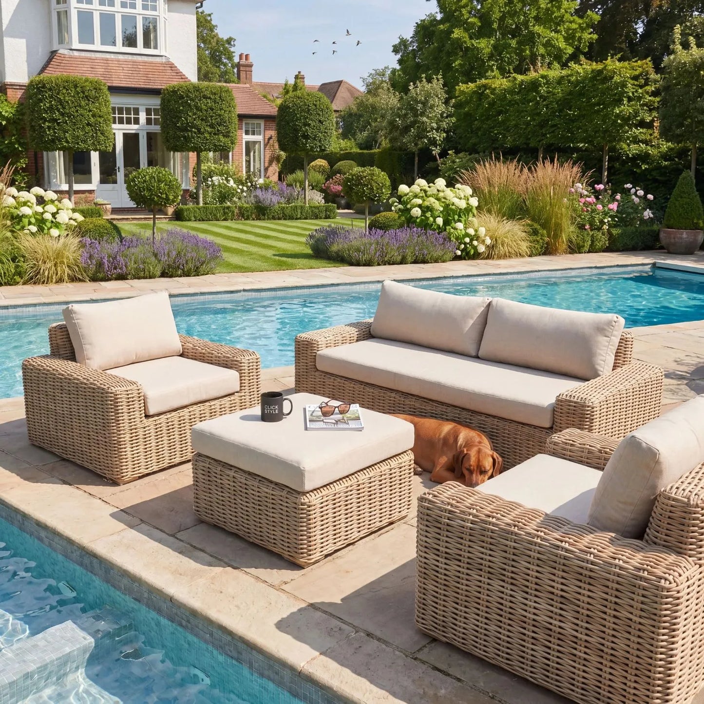 Natural Rattan Effect 4 Seater Garden Sofa Set with 2 Seater Sofa 2 Armchairs Footstool Coffee Table & Deep Beige Cushions | Click Style