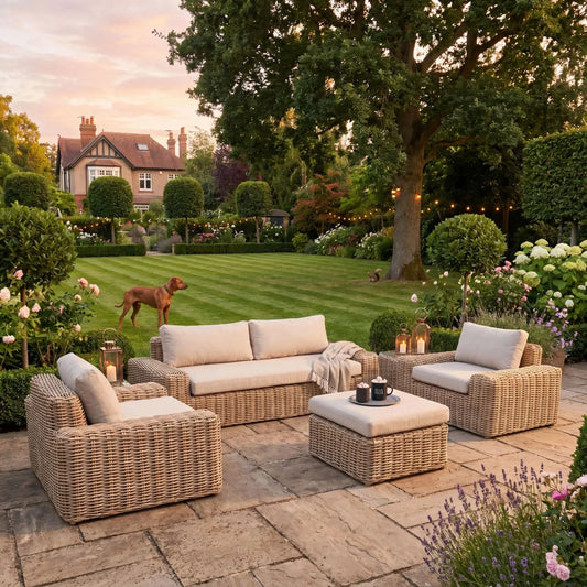Natural Rattan Effect 4 Seater Garden Sofa Set with 2 Seater Sofa 2 Armchairs Footstool Coffee Table & Deep Beige Cushions | Click Style