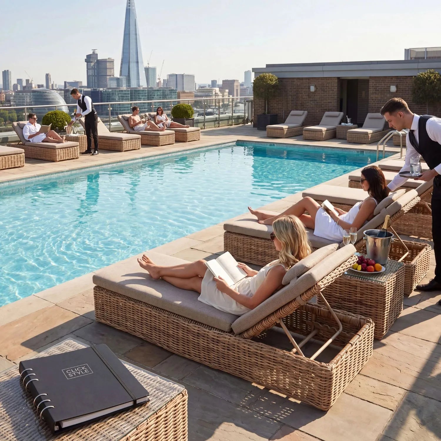 Natural Rattan Effect Garden Sun Lounger with Reclining Backrest and Beige Olefin Cushion – Outdoor Rattan Sunbed | Click Style