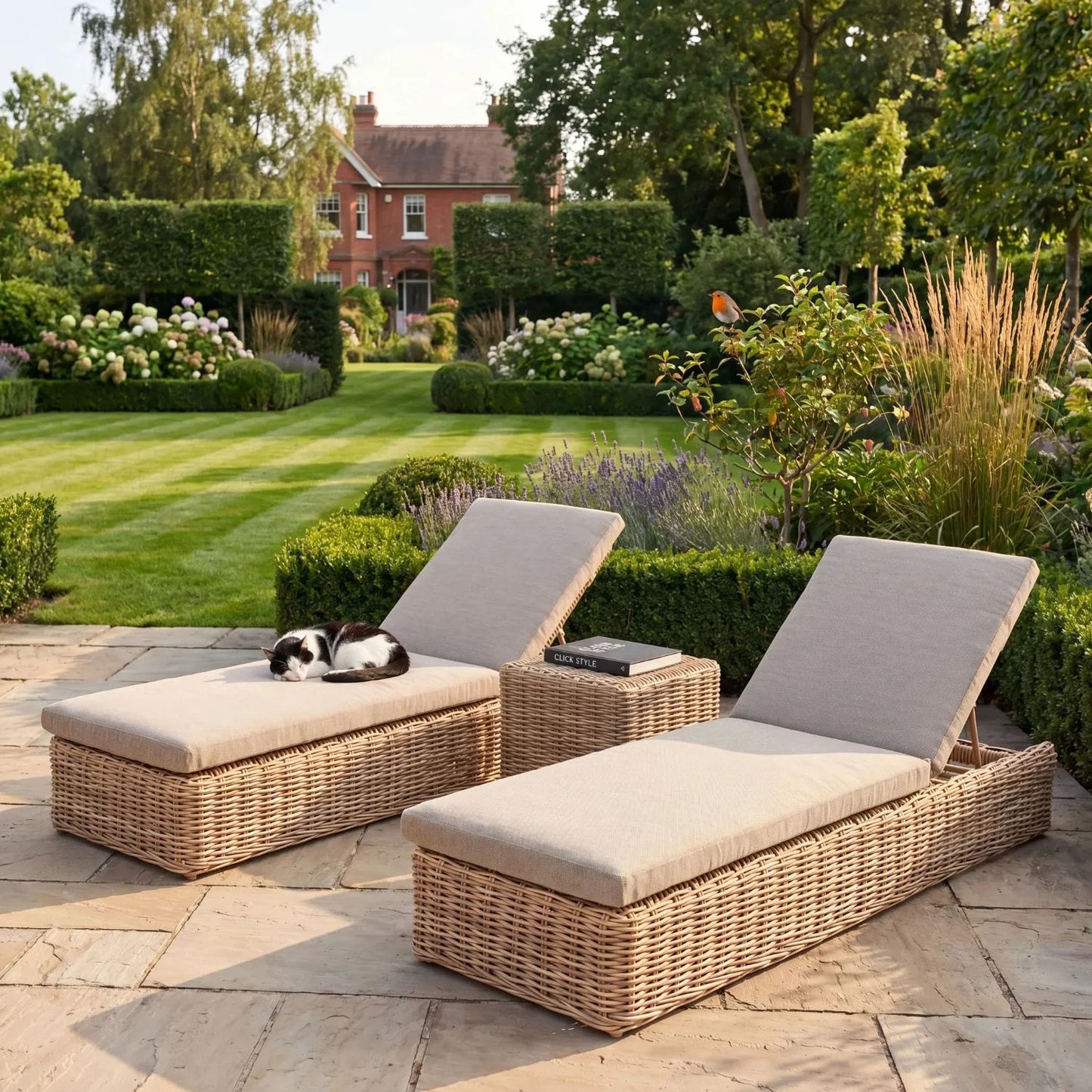 Natural Rattan Effect Garden Sun Lounger with Reclining Backrest and Beige Olefin Cushion – Outdoor Rattan Sunbed | Click Style