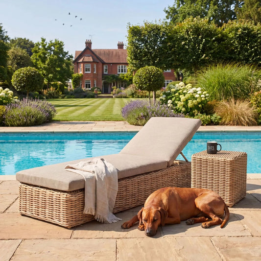 Natural Rattan Effect Garden Sun Lounger with Reclining Backrest and Beige Olefin Cushion – Outdoor Rattan Sunbed | Click Style