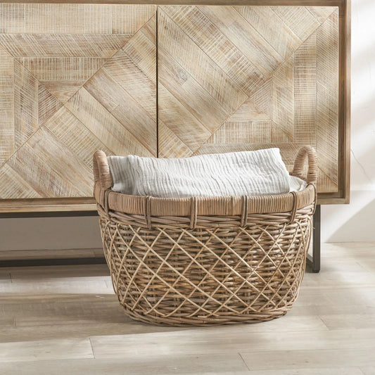 Natural Rattan Oval Laundry Basket with Handles & Linen Liner – Stylish Storage for Home Organisation 55x45x34cm - Click Style