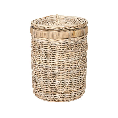 Natural Rattan Round Laundry Basket with Handled Lid & Linen Liner – Stylish Storage for Home Organisation 56x42x42cm - Click Style