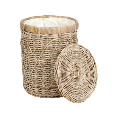 Natural Rattan Round Laundry Basket with Handled Lid & Linen Liner – Stylish Storage for Home Organisation 56x42x42cm - Click Style