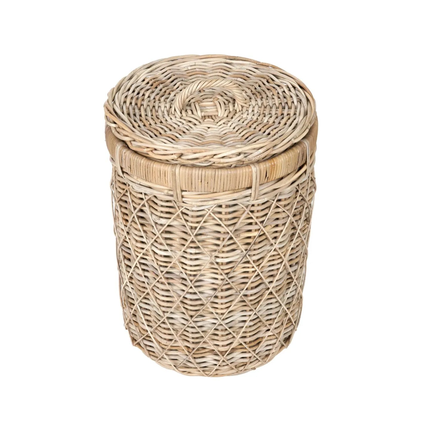 Natural Rattan Round Laundry Basket with Handled Lid & Linen Liner – Stylish Storage for Home Organisation 56x42x42cm - Click Style