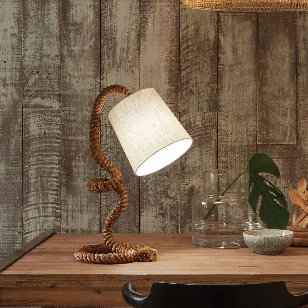 Cotton Rope Table Lamp Natural Rope Table Lamp with White Cotton Slub Tapered Shade – Coastal ...