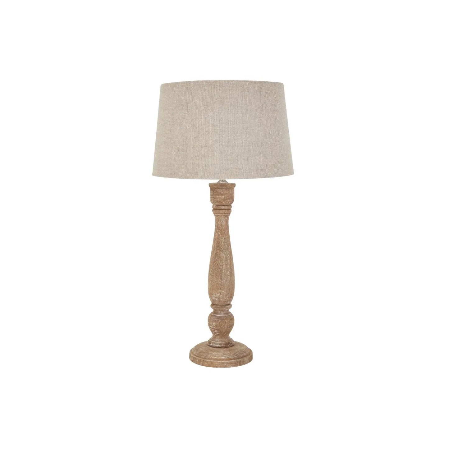 Natural Wash Acacia Wood Candlestick Table Lamp with Cream Tapered Linen Shade – Hand-Turned Bedside & Side Table Light 70x36x36cm | Click Style