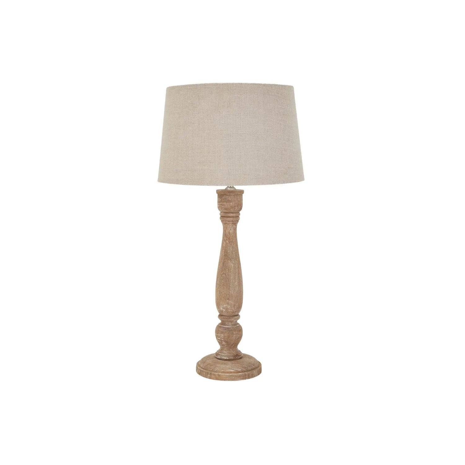 Natural Wash Acacia Wood Candlestick Table Lamp with Cream Tapered Linen Shade – Hand-Turned Bedside & Side Table Light 70x36x36cm | Click Style