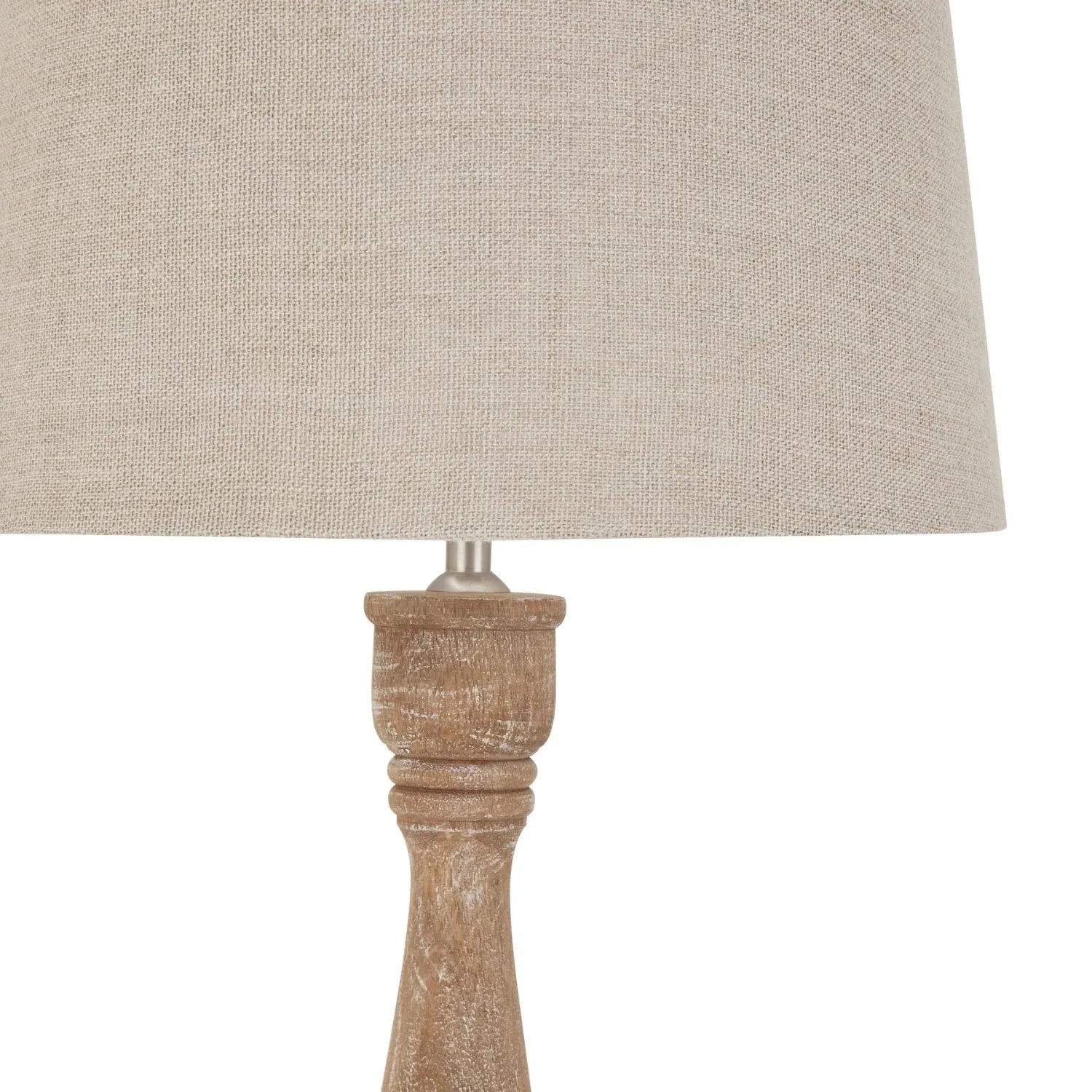Natural Wash Acacia Wood Candlestick Table Lamp with Cream Tapered Linen Shade – Hand-Turned Bedside & Side Table Light 70x36x36cm | Click Style