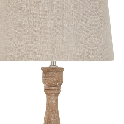 Natural Wash Acacia Wood Candlestick Table Lamp with Cream Tapered Linen Shade – Hand-Turned Bedside & Side Table Light 70x36x36cm | Click Style