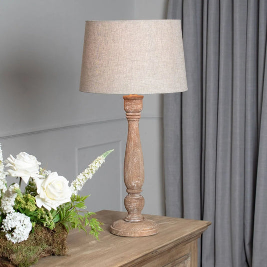 Natural Wash Acacia Wood Candlestick Table Lamp with Cream Tapered Linen Shade – Hand-Turned Bedside & Side Table Light 70x36x36cm | Click Style
