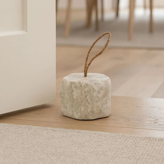 Natural White Marble Door Stop with Jute Rope Handle & Unique Veining – Neutral Decorative Weighted Stone Doorstop 7x10x10cm | Click Style