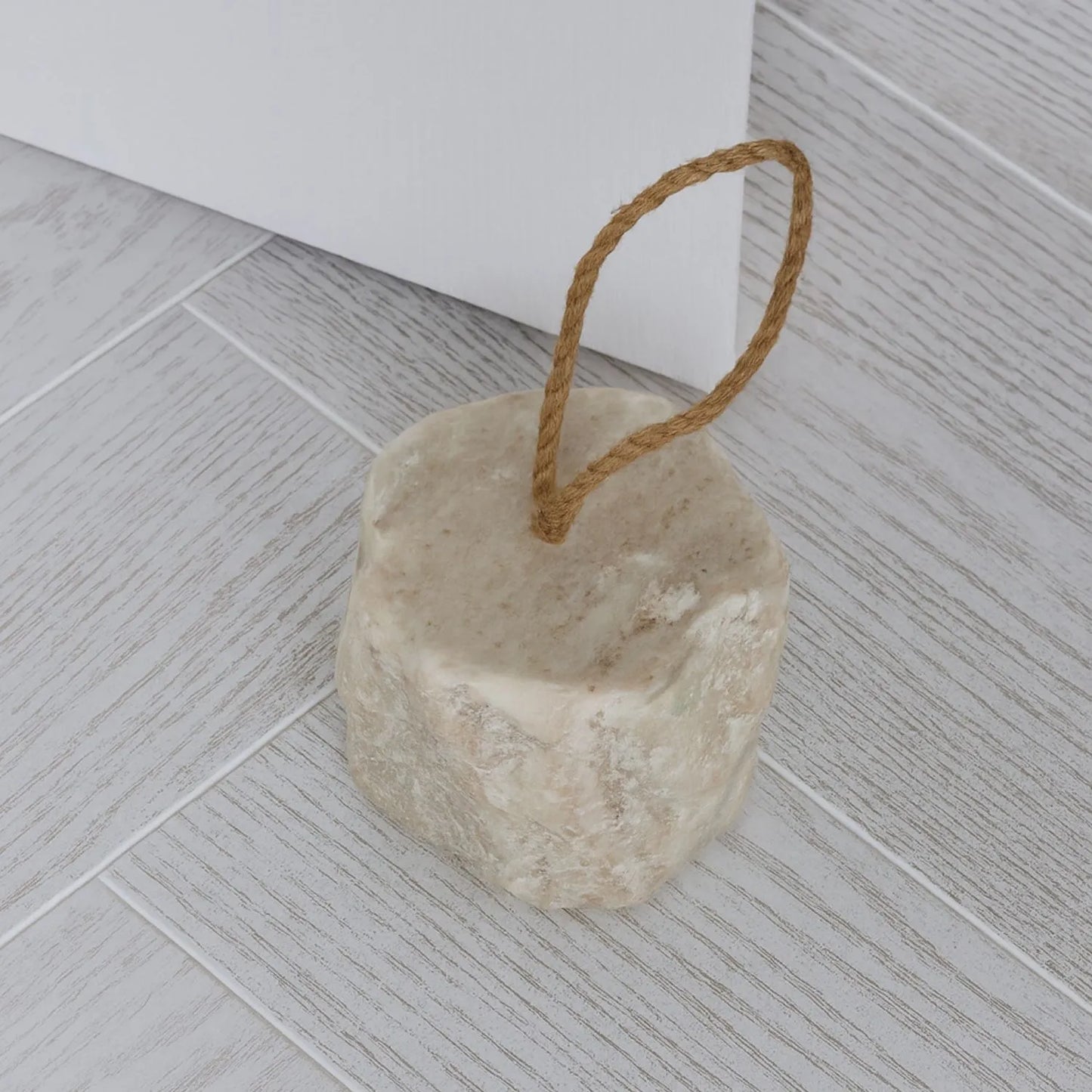 Natural White Marble Door Stop with Jute Rope Handle & Unique Veining – Neutral Decorative Weighted Stone Doorstop 7x10x10cm | Click Style