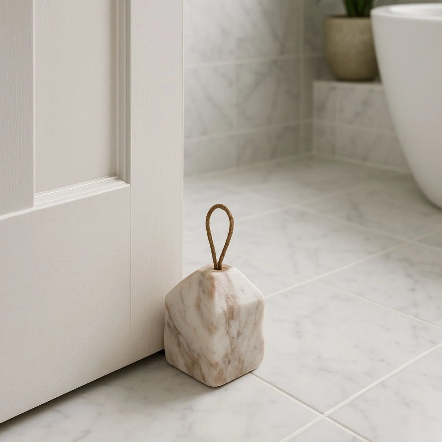 Natural White Marble House-Shaped Door Stop with Jute Rope Handle & Unique Veining – Neutral Decorative Weighted Stone Doorstop 11x8x8cm | Click Style