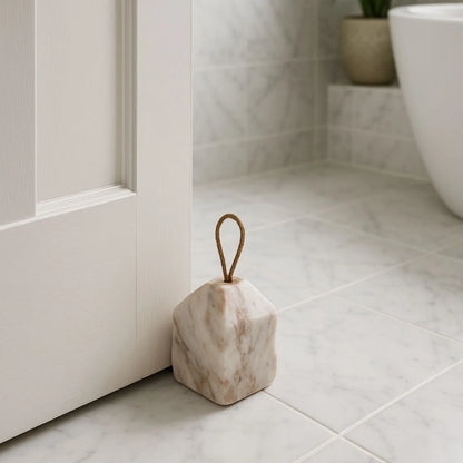 Natural White Marble House-Shaped Door Stop with Jute Rope Handle & Unique Veining – Neutral Decorative Weighted Stone Doorstop 11x8x8cm | Click Style