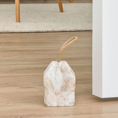 Natural White Marble House-Shaped Door Stop with Jute Rope Handle & Unique Veining – Neutral Decorative Weighted Stone Doorstop 11x8x8cm | Click Style