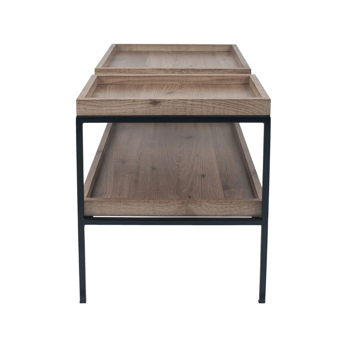 Natural Wood Effect Veneer 2 Shelf Coffee Table with Removable Trays & Black Metal Frame – side view with smaller tray at front | Click Style