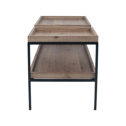 Natural Wood Effect Veneer 2 Shelf Coffee Table with Removable Trays & Black Metal Frame – side view with smaller tray at front | Click Style
