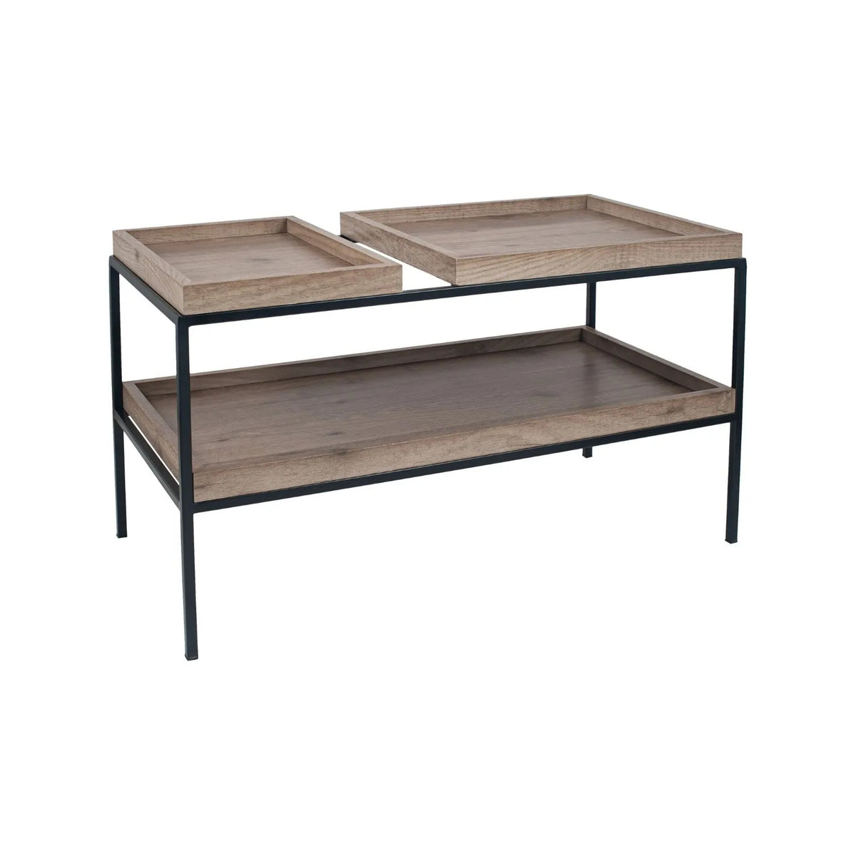 Natural Wood Effect Veneer 2 Shelf Coffee Table with Removable Trays & Black Metal Frame – front and side view angled right with smaller top tray on left | Click Style