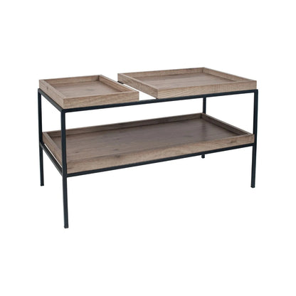 Natural Wood Effect Veneer 2 Shelf Coffee Table with Removable Trays & Black Metal Frame – front and side view angled right with smaller top tray on left | Click Style