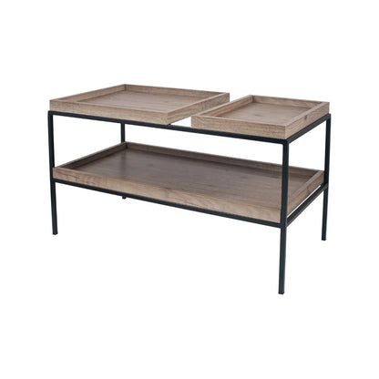 Natural Wood Effect Veneer 2 Shelf Coffee Table with 3 Trays & Black Metal Frame – front view with smaller top tray on left | Click Style