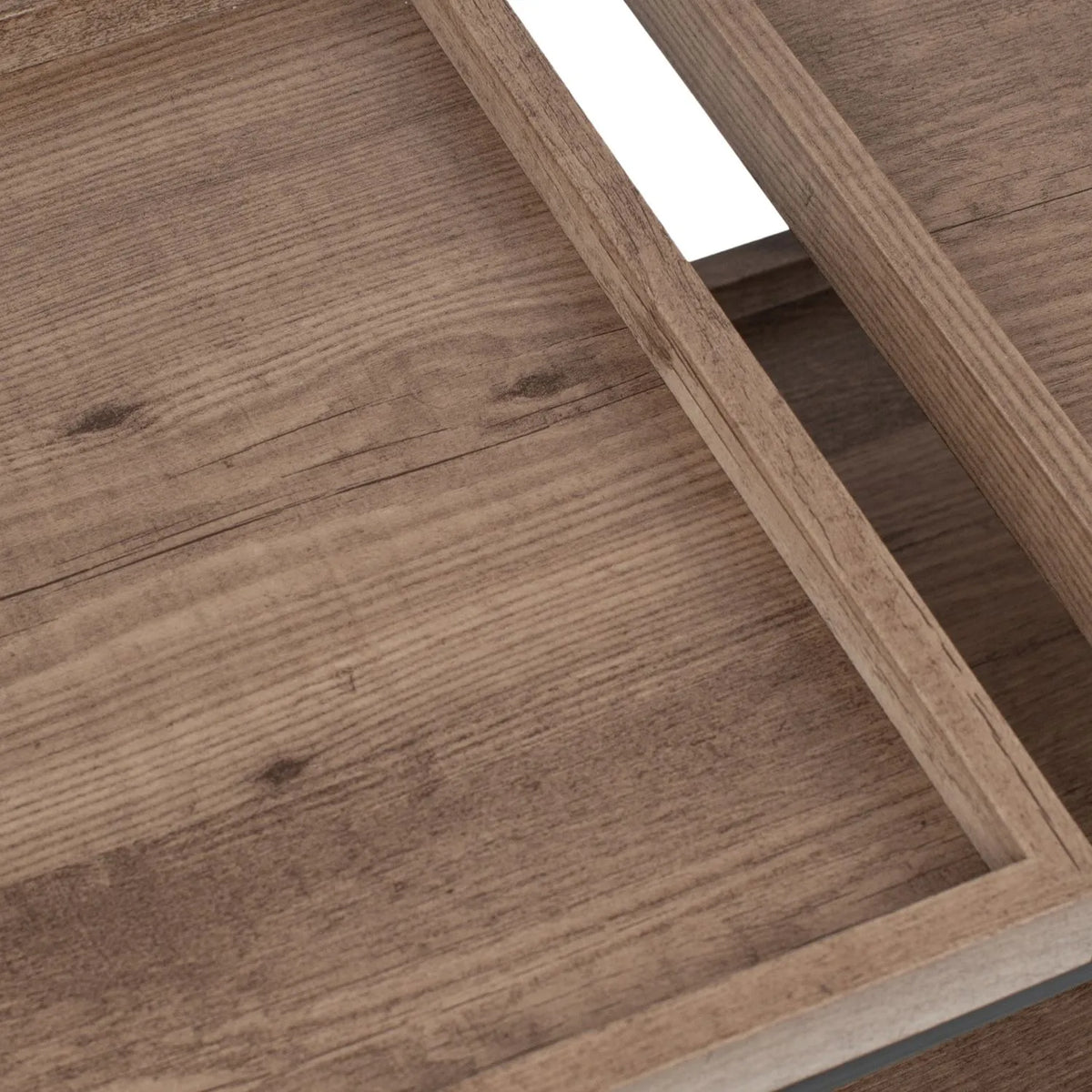 Natural Wood Effect Veneer 2 Shelf Coffee Table with Removable Trays & Black Metal Frame – close-up of two top trays from alternate angle | Click Style