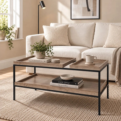 Natural Wood Effect Veneer 2 Shelf Coffee Table with 3 Trays & Black Metal Frame – front and side view angled left with smaller top tray on right | Click Style